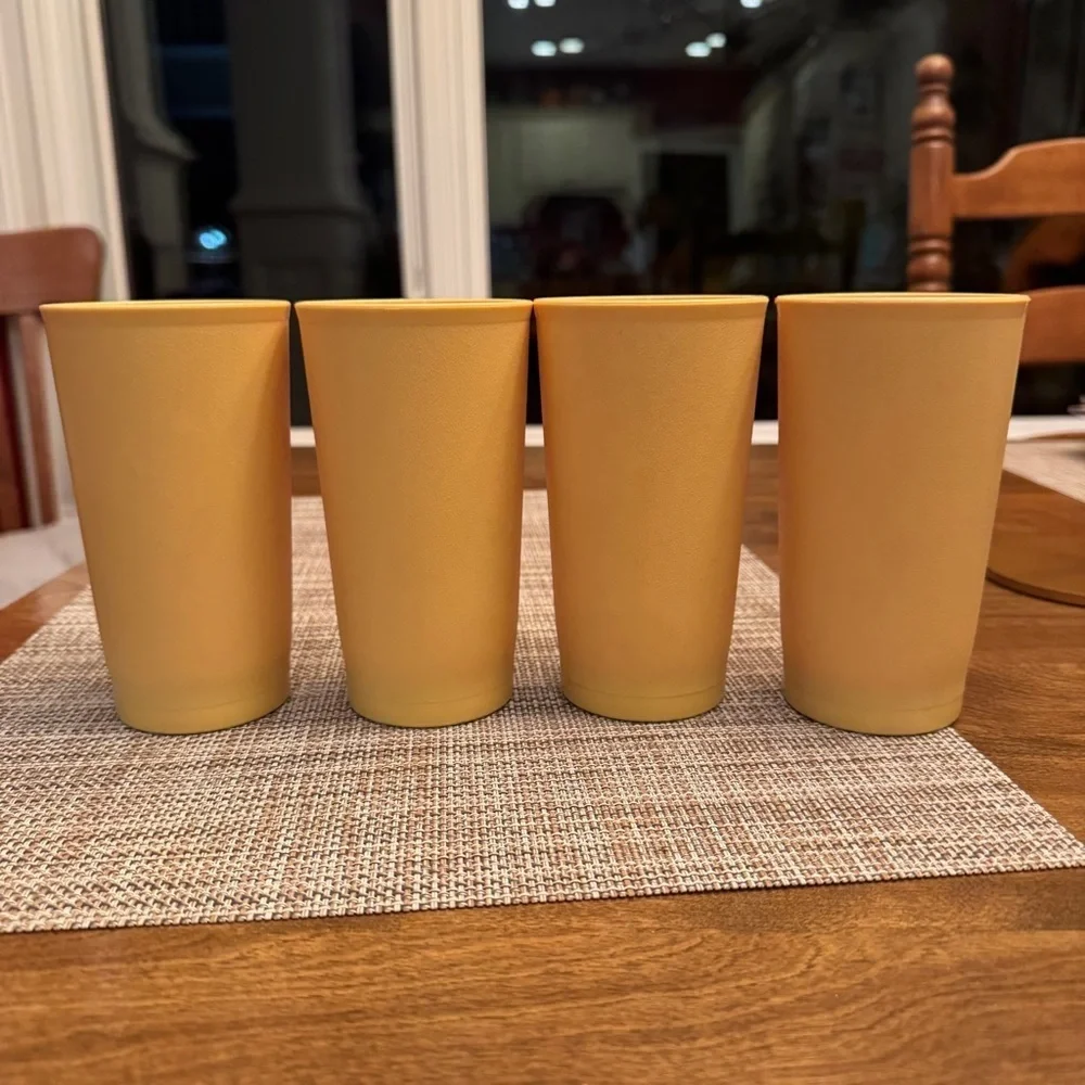 4 Vintage Tupperware Harvest Gold Yellow Tumblers Set 12oz look new